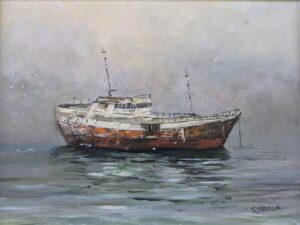 Old Freighter 12 x 16 oil on canvas painting by Artist Ron Bridge